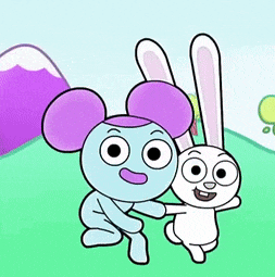a cartoon rabbit with purple ears is holding another rabbit