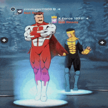 a man in a superhero costume is standing next to another man in a blue suit