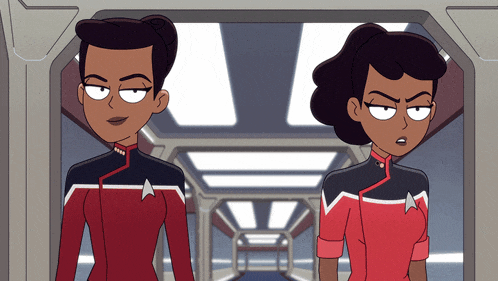 two cartoon characters are standing in a hallway and one has a star trek logo on her chest