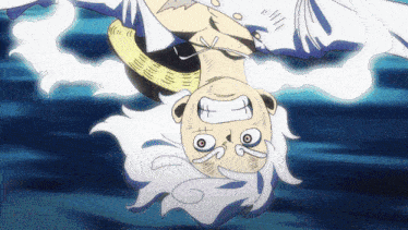 a cartoon character with white hair is upside down and making a face
