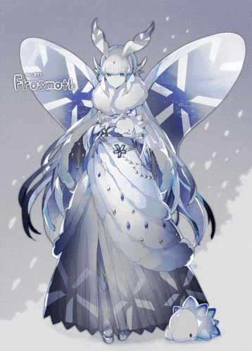 a drawing of a girl in a white dress with the word frosmoth written on the bottom