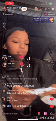 a screen shot of a girl on a live stream that says 1:00