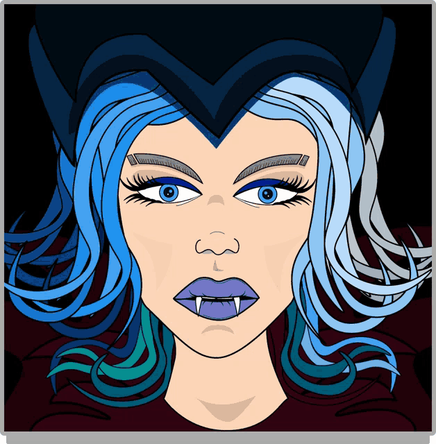 a cartoon drawing of a woman with blue hair and fangs
