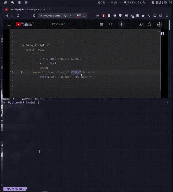 a screenshot of a youtube page and a python program