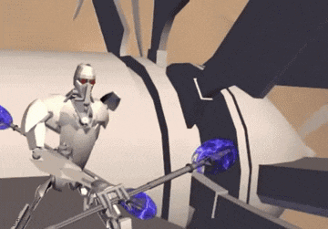 a robot is holding a sword in front of a purple object with the letter l on it