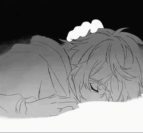a black and white drawing of a person laying on a bed with their eyes closed .
