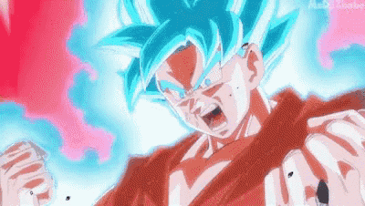 a cartoon character with blue hair and red clothes is fighting another cartoon character .