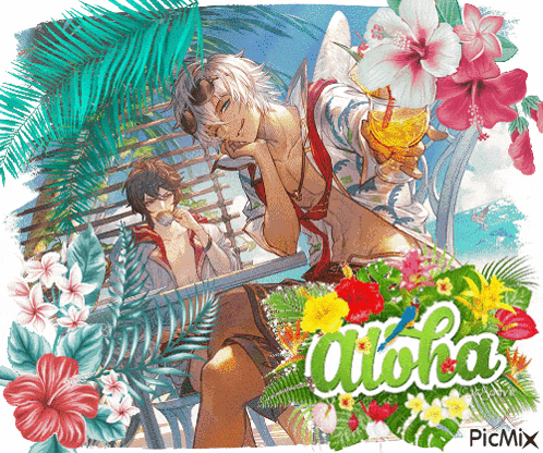a picture of a man holding a drink with the word aloha written on it