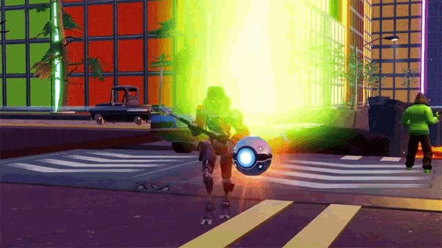 a video game scene with a robot holding a gun and a glowing ball