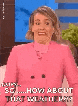 a woman in a pink suit is making a funny face while talking about the weather .