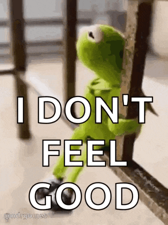 kermit the frog is sitting on a railing with the words `` i don 't feel good '' written on it .