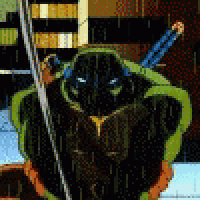 a pixel art of a ninja turtle holding a sword .