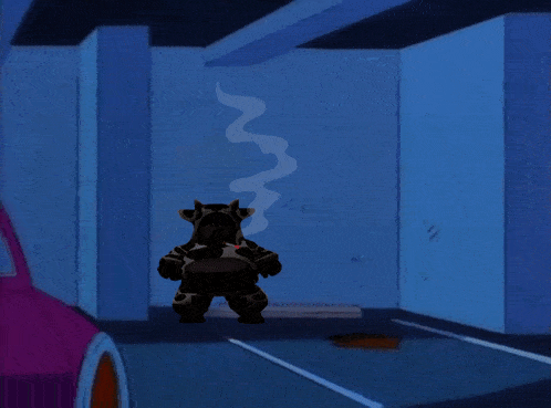 a cartoon character is smoking a cigarette in a parking garage