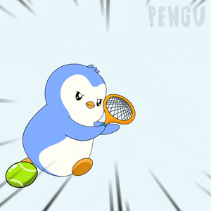 a penguin with a tennis racquet and a tennis ball