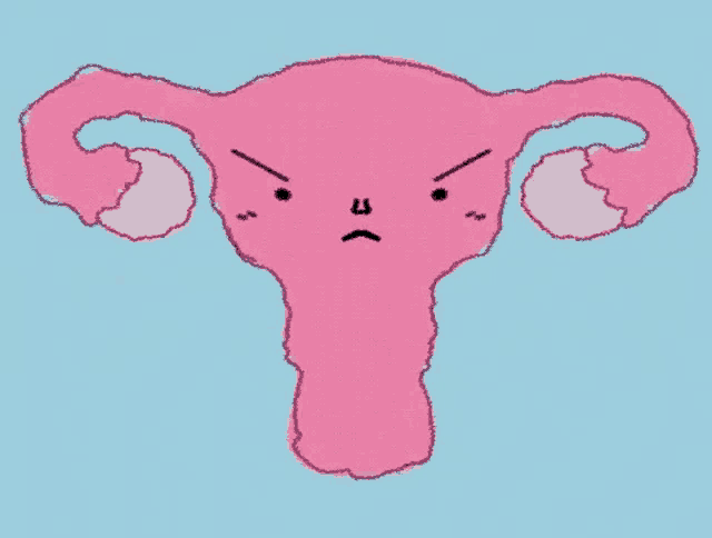a cartoon drawing of an uterus with an angry face on a blue background .