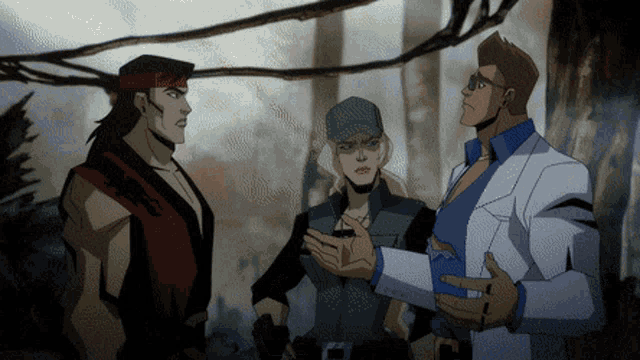 a group of cartoon characters are standing next to each other talking