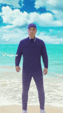 a man in a purple suit is standing on a beach with a viggle.ai logo in the background