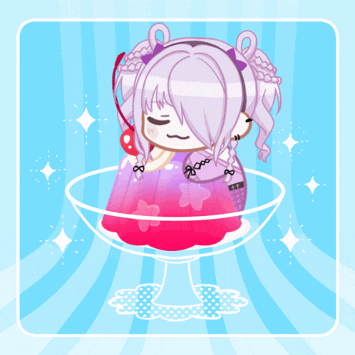 a drawing of a girl in a bowl of jelly with a cherry in her hair
