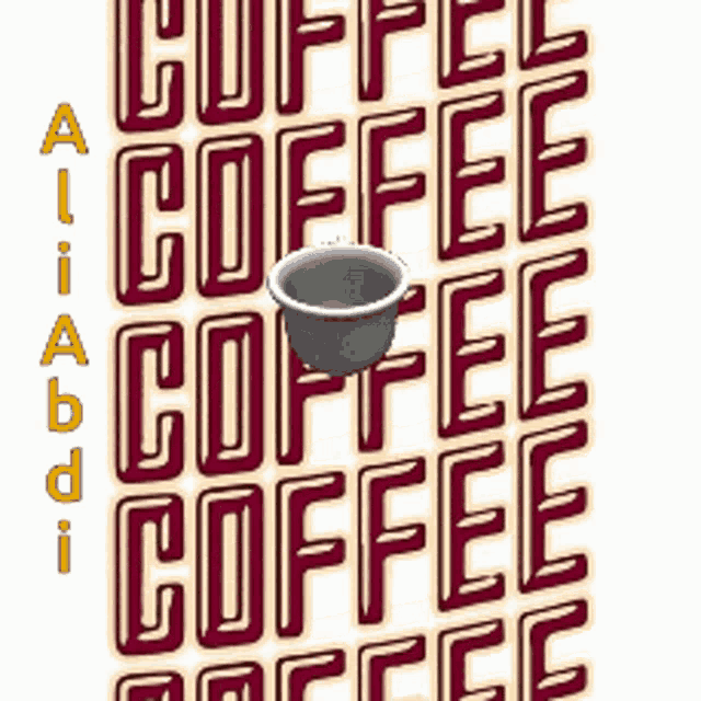 a cup of coffee sits in the middle of a row of coffee words