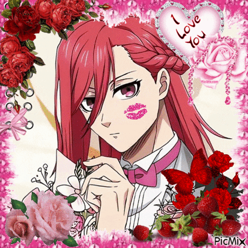 a picture of a girl with red hair surrounded by flowers and a heart that says " i love you "