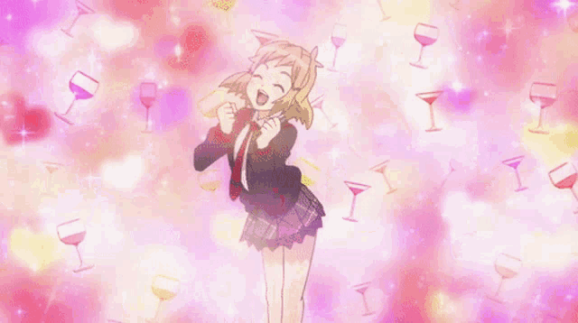 a girl in a plaid skirt is surrounded by wine glasses on a pink background
