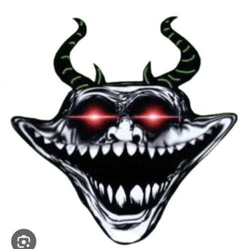 a black and white drawing of a demon with horns