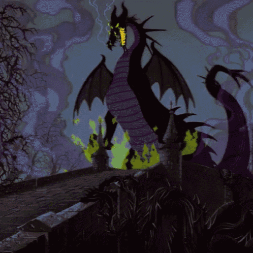 a purple and black dragon is surrounded by a castle and trees