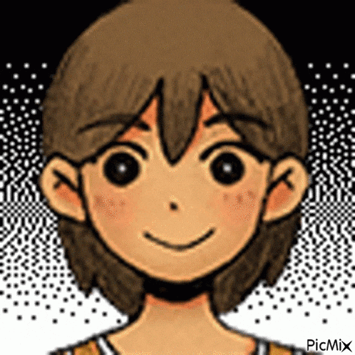 a cartoon of a boy with brown hair and black eyes smiling .