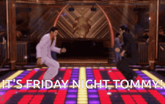 two men are dancing on a dance floor with the words it 's friday night tommy on the bottom .
