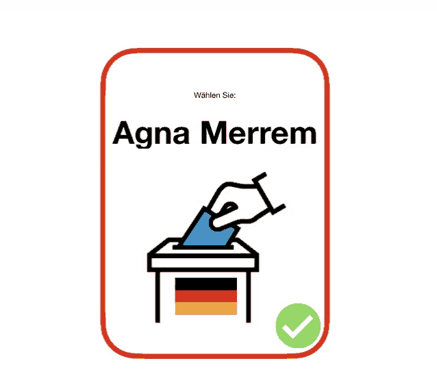 a sign that says agna merrem with a hand putting a ballot into a box