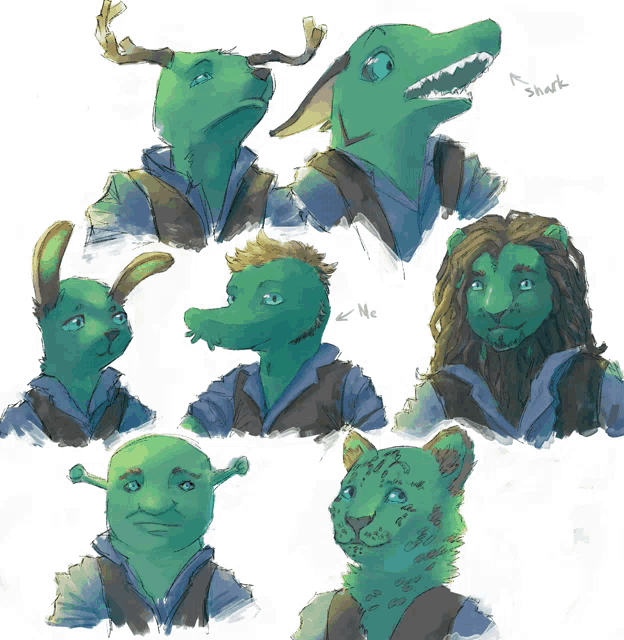 a drawing of shrek with a shark and a lion