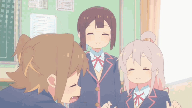 a group of anime girls are standing next to each other in a classroom