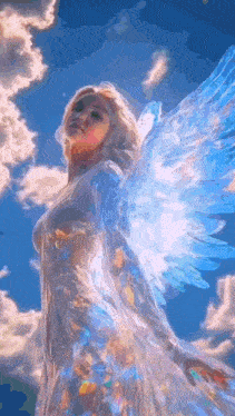 a woman in a white dress with blue wings is standing in front of a blue sky with clouds .