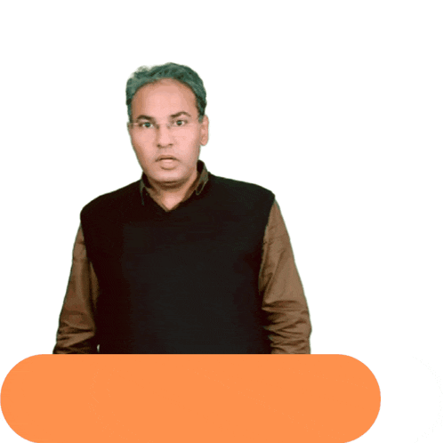 a man in a black vest stands in front of an orange button that says exit polls