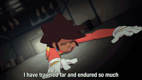 a cartoon of a girl laying on the floor with the words " i have traveled far and endured so much " below her