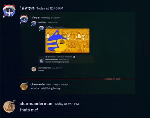 a screenshot of a conversation between charmanderman and sozu today at 12:45 pm
