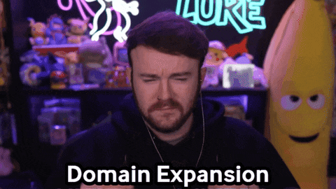 a man with a beard is making a face in front of a screen that says domain expansion