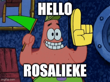 patrick star from spongebob is holding a green flag and saying hello rosalieke