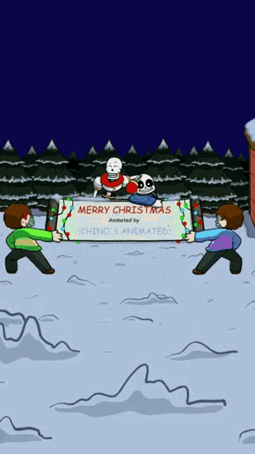 two cartoon characters holding a merry christmas sign