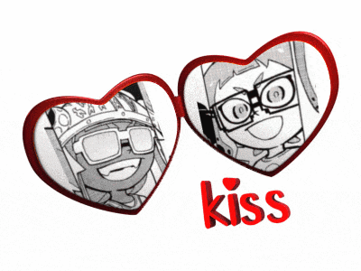 two heart shaped mirrors with the word kiss in red