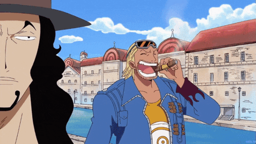 a man in a blue jacket is smoking a cigar in front of a large building