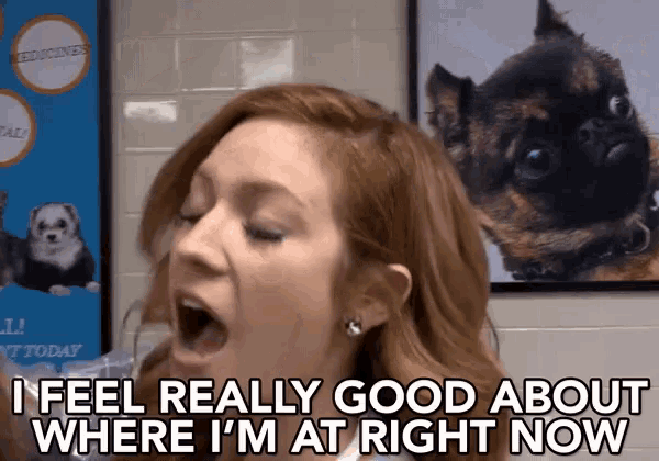 a woman with her mouth wide open says i feel really good about where i 'm at right now