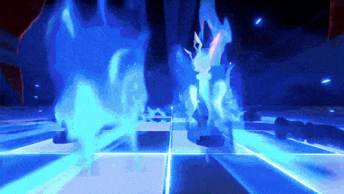 a person is standing in a dark room with blue lights coming out of their feet