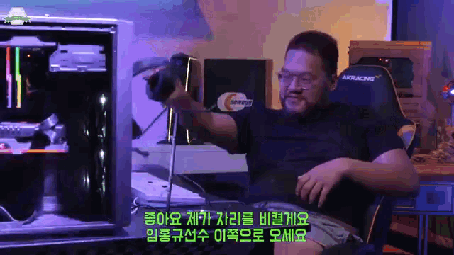 a man sitting in a chair with akracing on the back