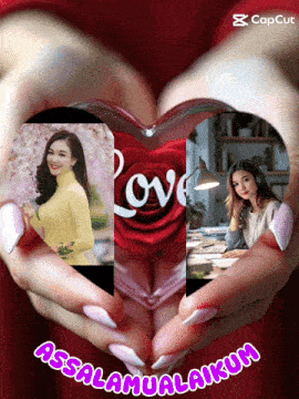 a woman holds a heart in her hands with the words assalamualaikum on the bottom
