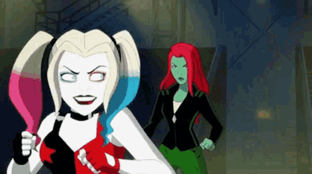 harley quinn and poison ivy are fighting in a cartoon .