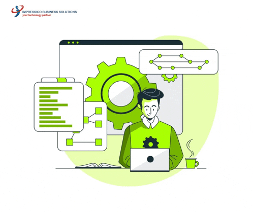 an illustration of a man sitting in front of a laptop with the words impressico business solutions on the bottom right