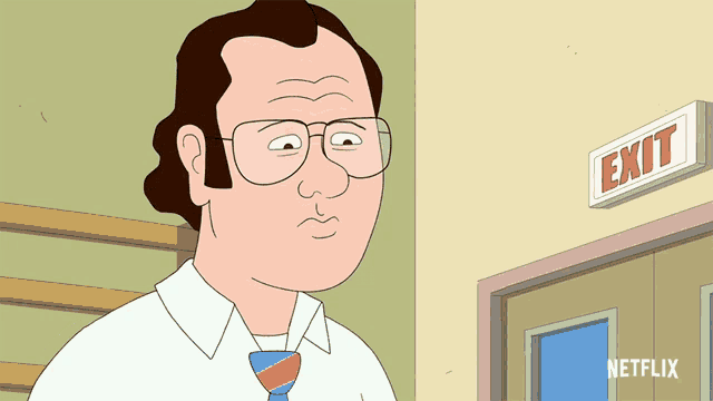 a cartoon man stands in front of a sign that says exit