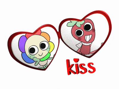 a couple of hearts with cartoon characters inside of them and the word kiss underneath them