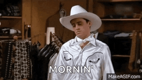 a man wearing a cowboy hat and bow tie is standing in a closet and saying morning .
